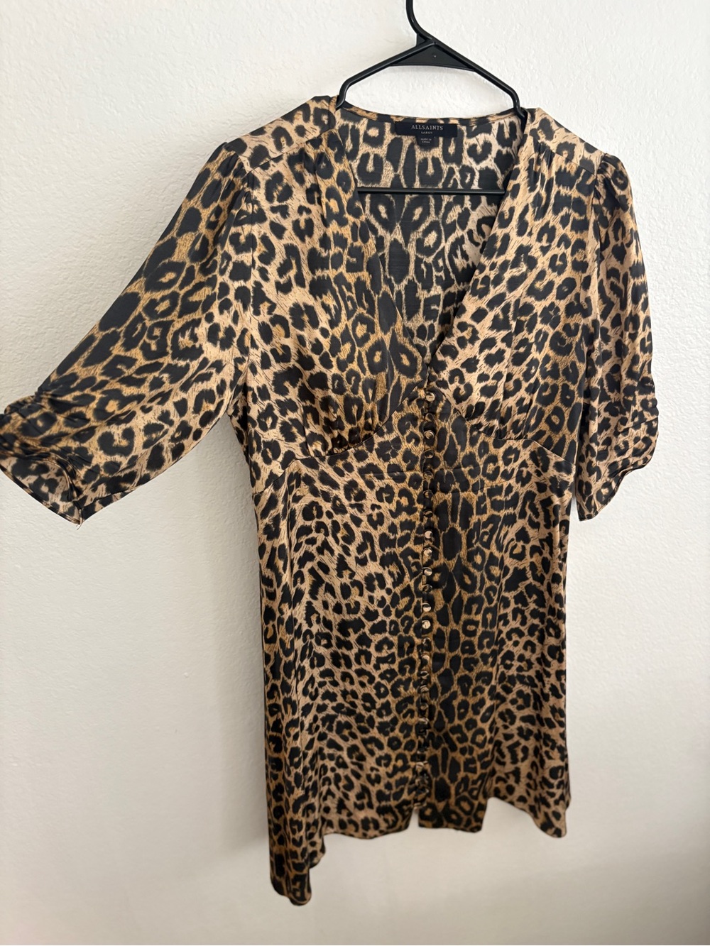 AllSaints Leopard Print Long Sleeve Dress - Black and Tan Large